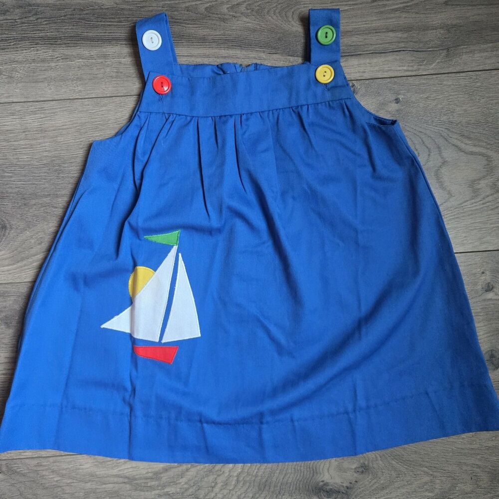 Vtg Fischel by Johnston Girls Nautical Sailboat Jumper Dress 4T Blue Preppy 80s